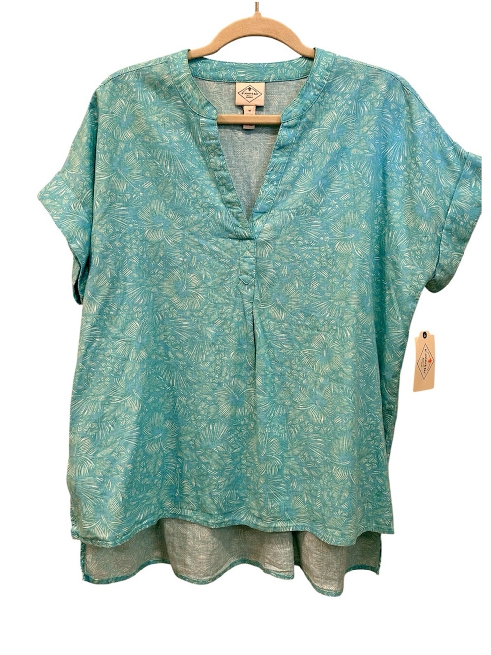 NWT Linen Cotton Blend Floral Short-Sleeve  V Neck Blouse Top Oversized Medium